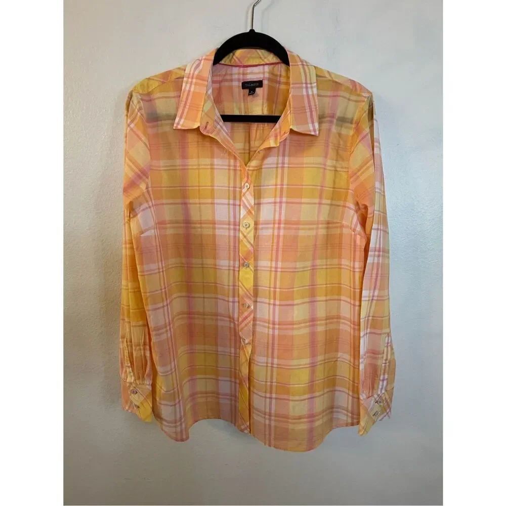 Talbots Blouse Lightweight Size XL Yellow Pink Plaid Long Sleeves Cotton